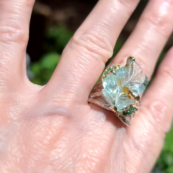 Aquamarine leaf carved gemstone & Topaz Sterling ring sz7.5 - Picture 10 of 10